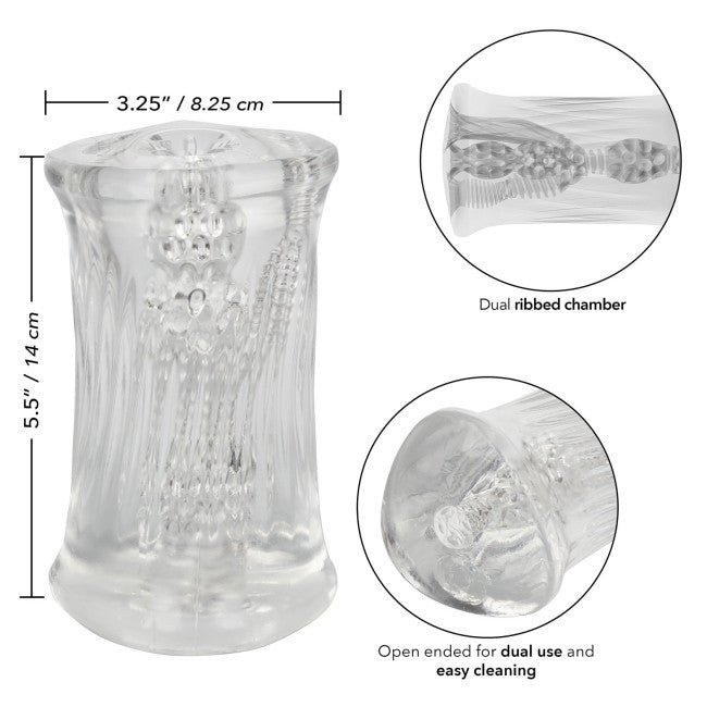Dimensions du masturbateur triple chambre transparent 14 cm x 8,25 cm