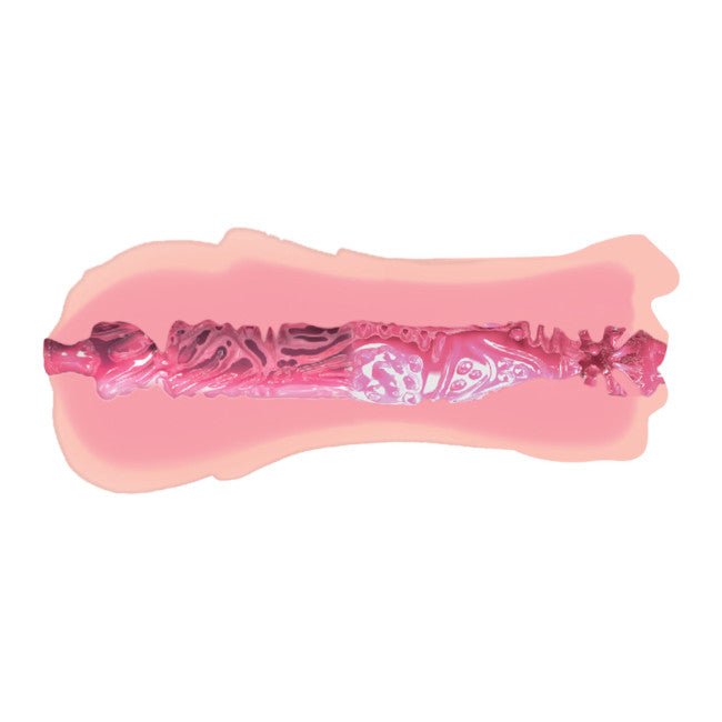 Vaginette 2 en 1 pour homme, vue latérale intérieur montrant le relief 3D granulé