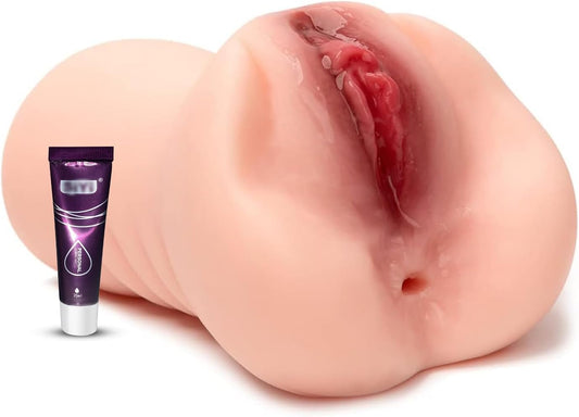 Vaginette silicone 2 en 1 en vue trois quarts, masturbateur double entrée avec finition réaliste
