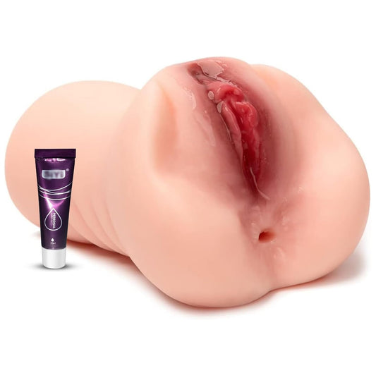 Vaginette silicone 2 en 1 en vue trois quarts, masturbateur double entrée avec finition réaliste