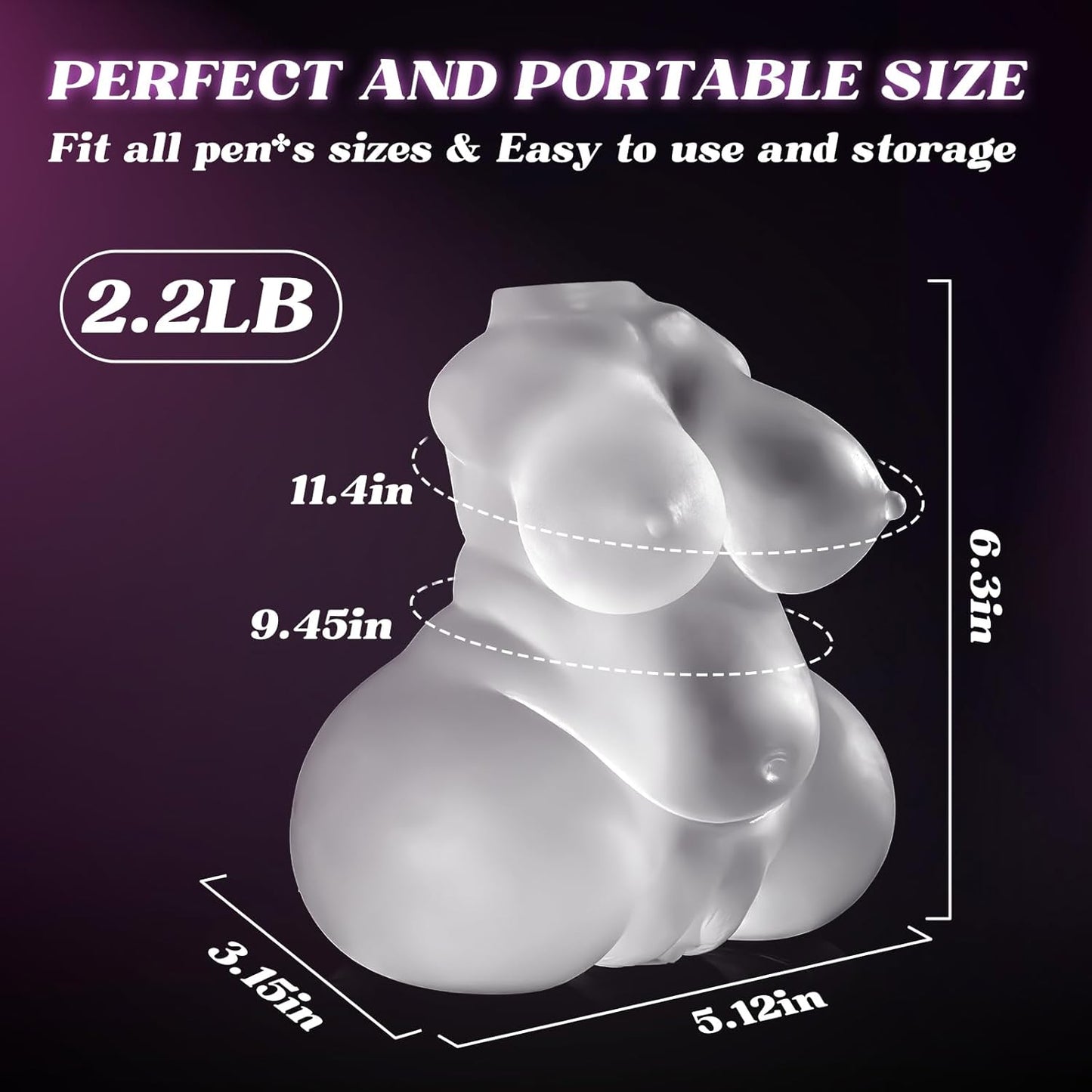 Photo des dimensions du masturbateur buste transparent BBW en TPE avec mesures du produit affichées