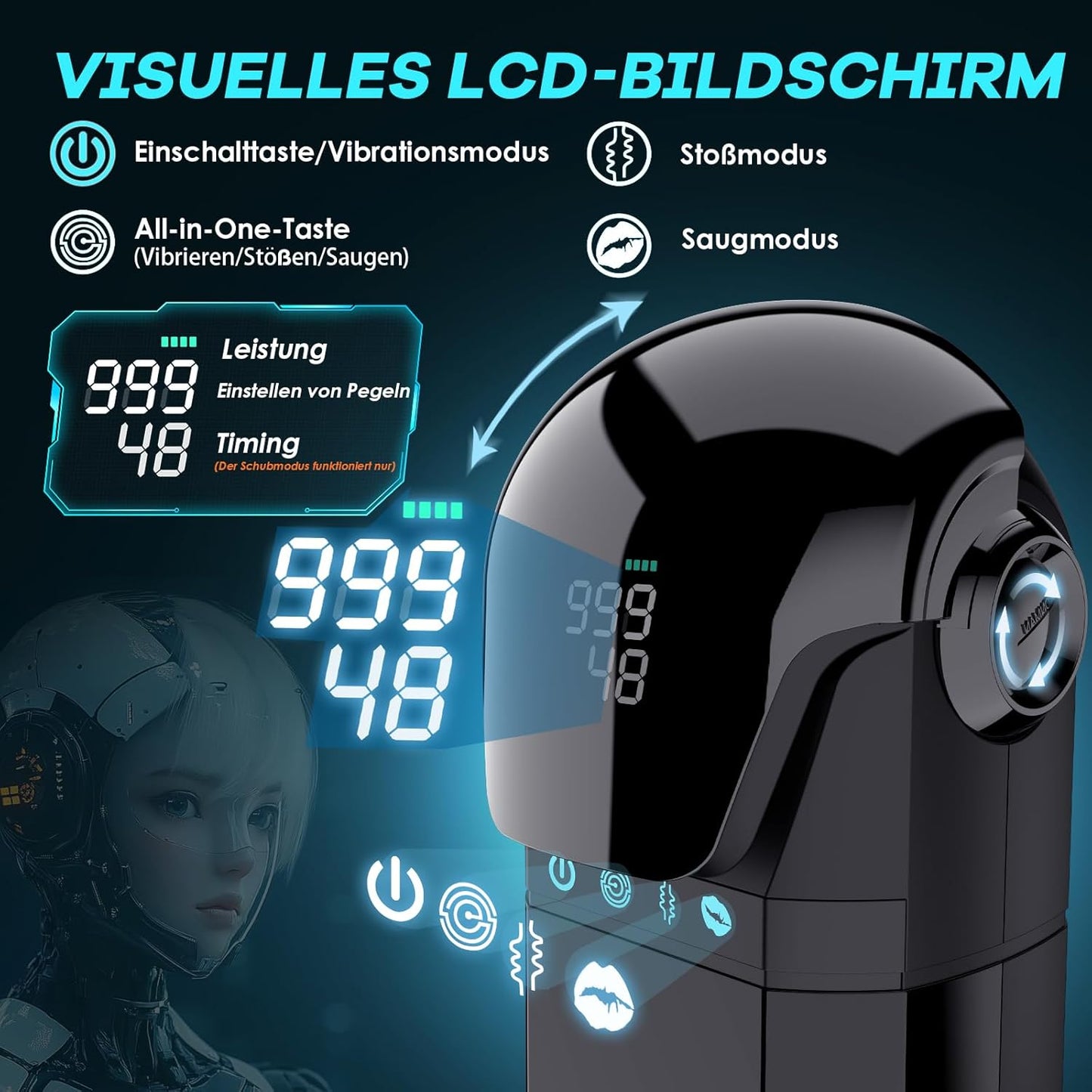 Écran LCD du masturbateur automatique affichant les réglages et la durée d'utilisation