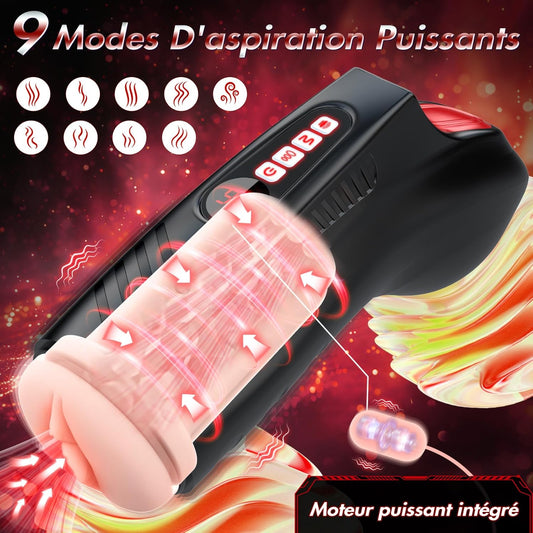Masturbateur vibrant à succion 9 modes avec affichage LED allumé sur fond noir