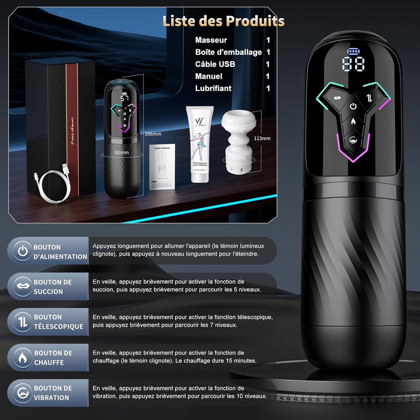 Dimensions du masturbateur automatique IA Masculin Plaisir avec profondeur interne insérable de 12 cm