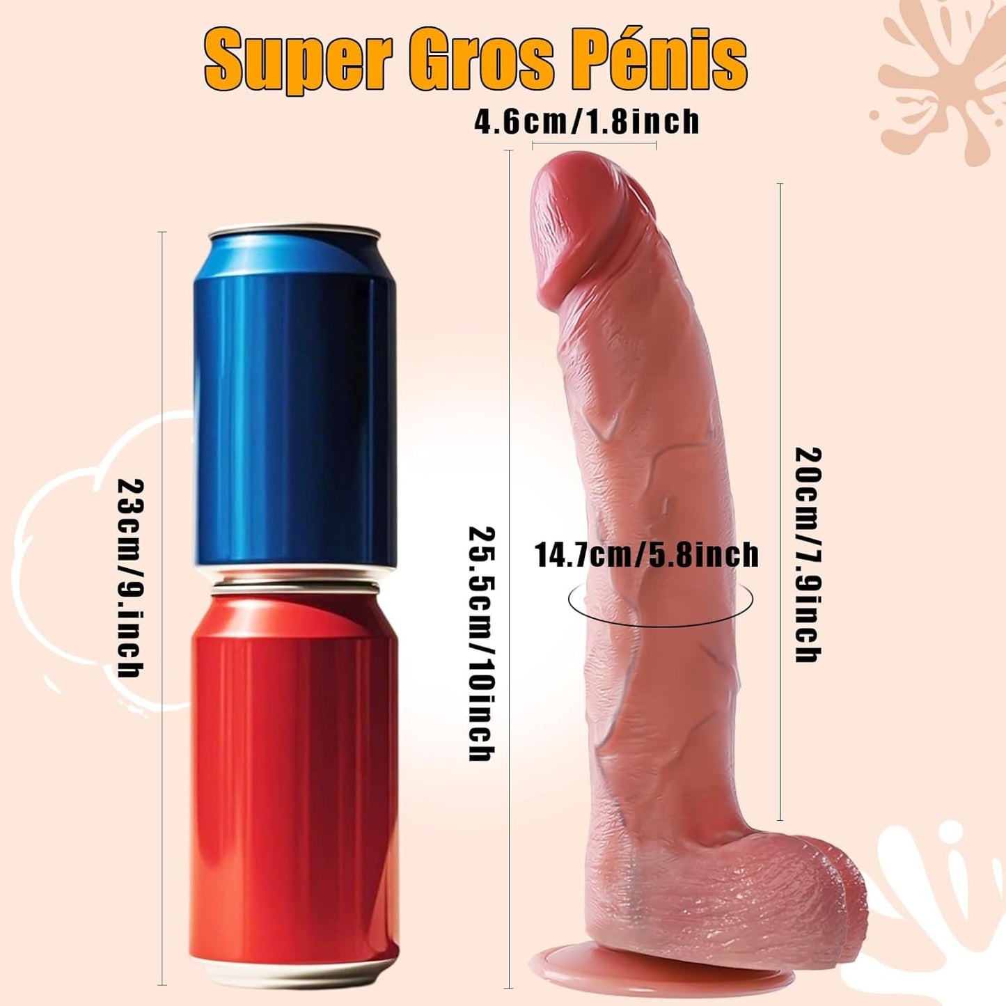 Dimensions du gode réaliste 25,5 cm total 21 cm insérable 5 cm diamètre