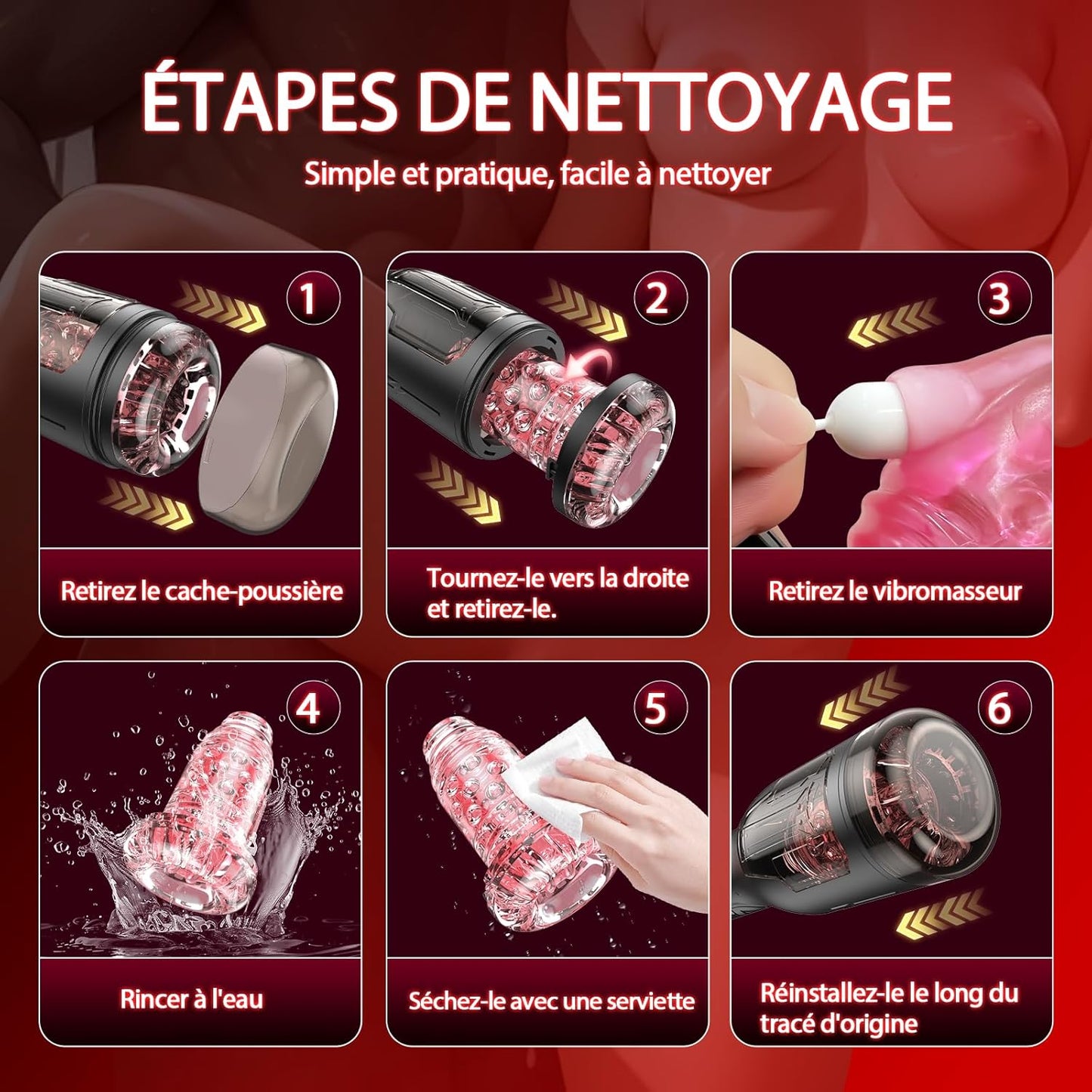 étapes de nettoyage du Masturbateur effet fellation silencieux
