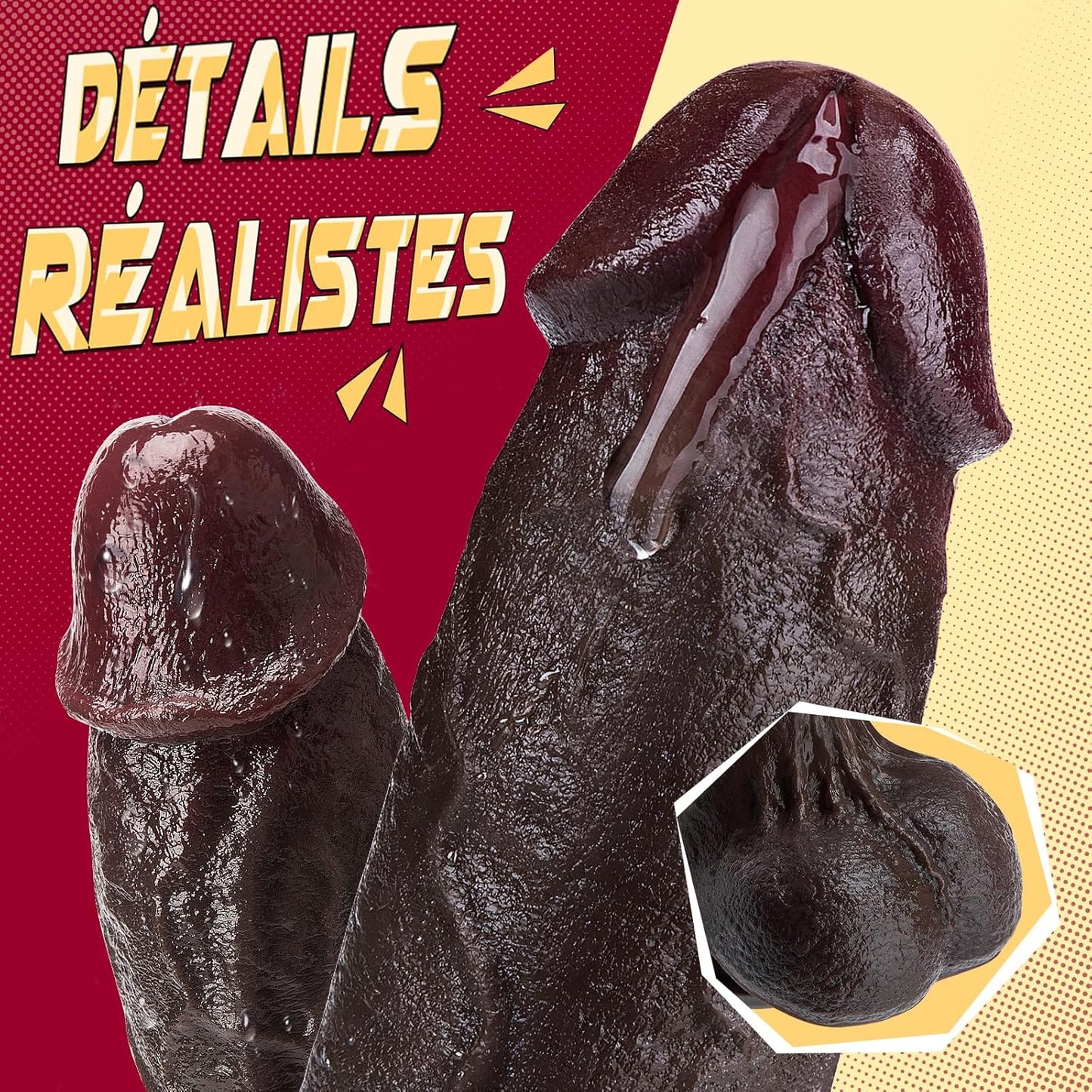 Gros plan texture gode réaliste XXL — veines saillantes, gland anatomique et globe ridé en silicone noir