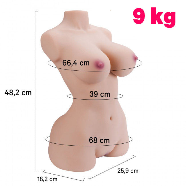 Dimensions poupée sexuelle buste Jessica 48,3 cm par 25,9 cm avec poids 9 kg et format torse réaliste
