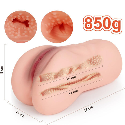 Pocket pussy réaliste pour homme avec dimensions du produit affichées, format compact 850g facile à manipule