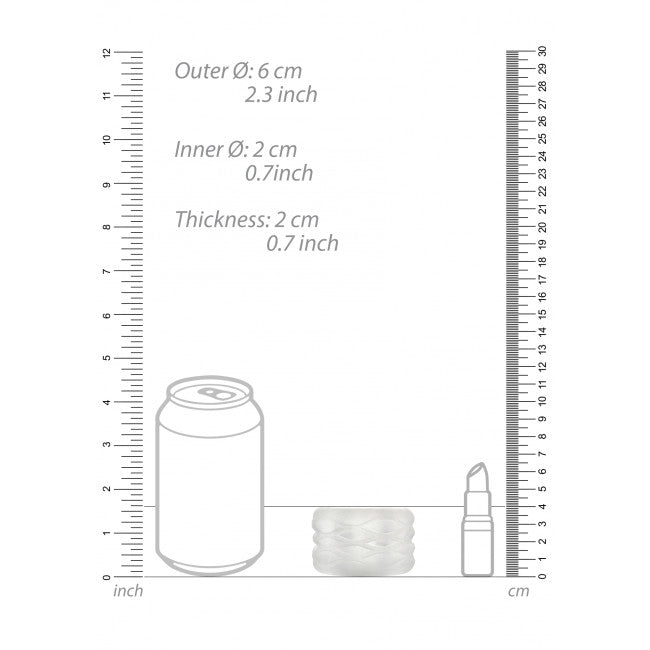 Dimensions du masturbateur transparent réversible avec longueur et largeur du produit visibles