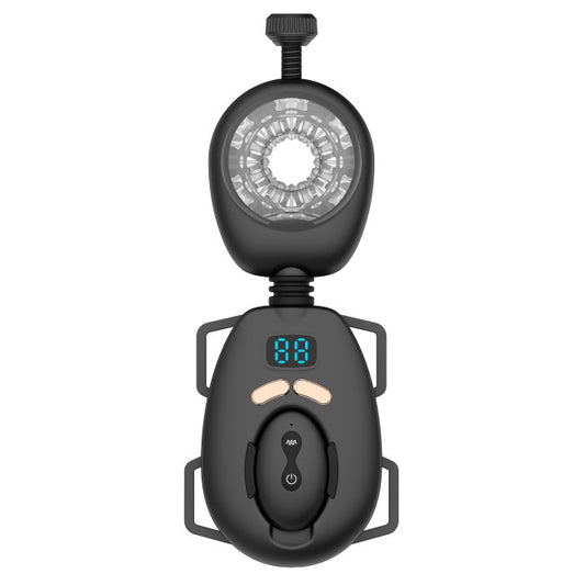 Vue de face du masturbateur automatique mains libres noir avec sangle et télécommande