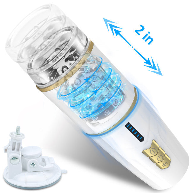 Vue de face du masturbateur automatique rotatif et télescopique blanc