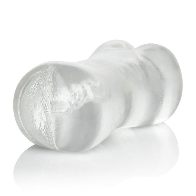 Masturbateur homme transparent en TPE présenté en angle trois quarts montrant sa forme réaliste