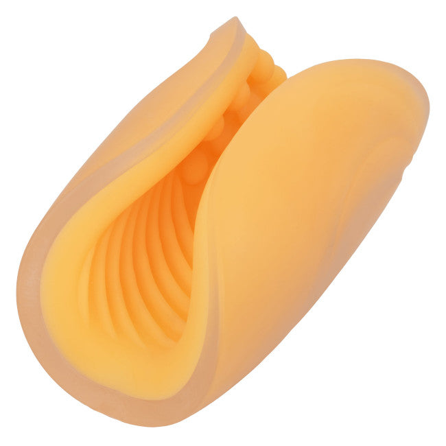 Masturbateur double grip orange pour homme avec texture ergonomique et manche ouvert