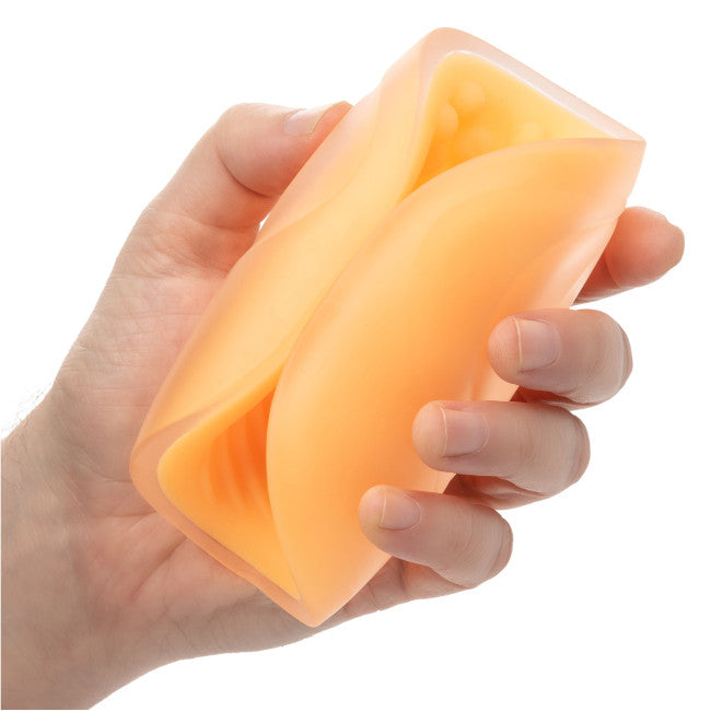 Vaginette orange non vibrante pour homme avec double poignée et texture intérieure visible