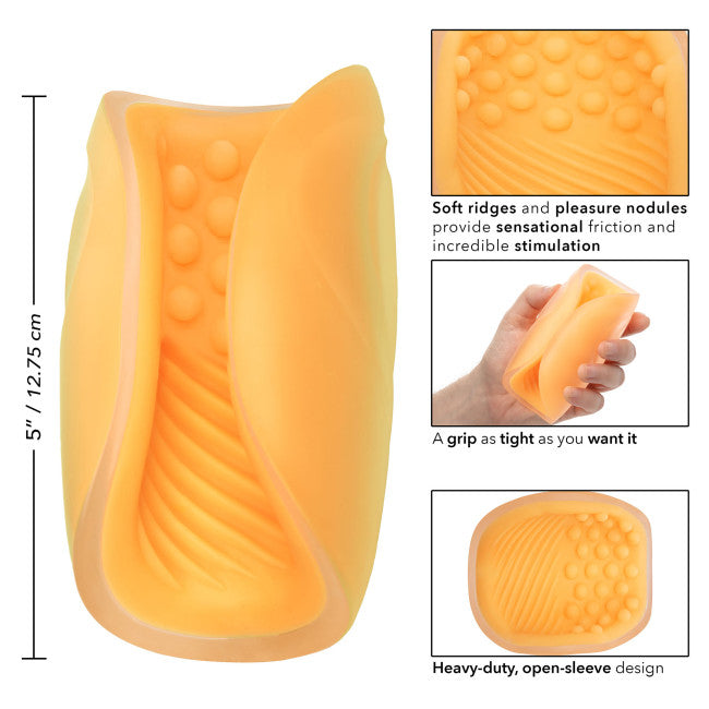 Photo des dimensions du masturbateur double grip orange pour homme longueur 12,75 cm
