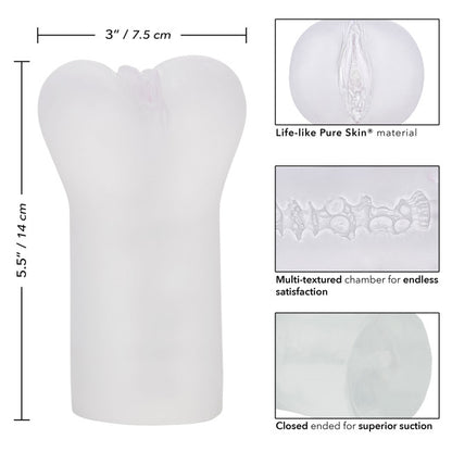 Dimensions du masturbateur vulve transparente réaliste 14 cm de long et 7,5 cm de large
