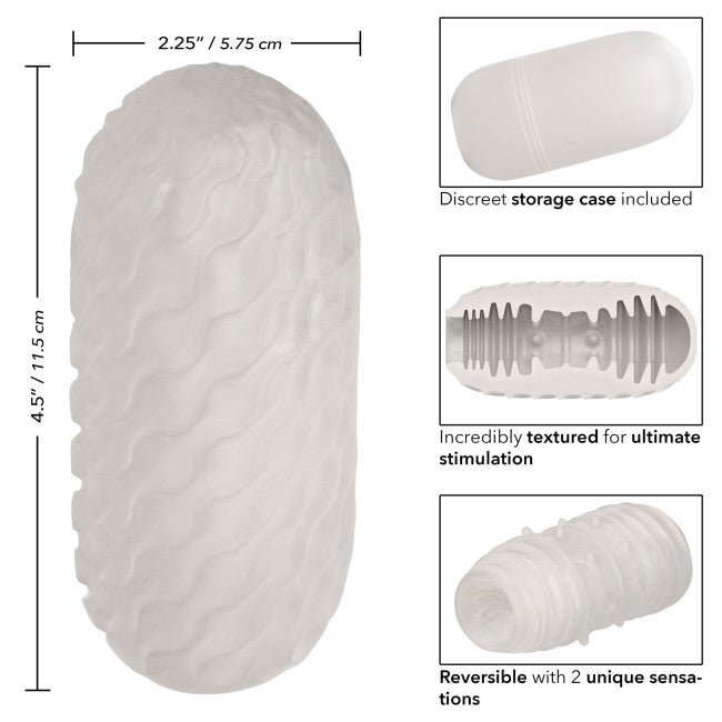 Schéma des dimensions du masturbateur à extrémité fermée : 11,5 cm de longueur sur 5,75 cm de largeur