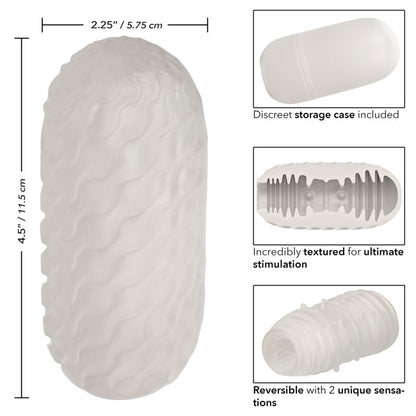 Schéma des dimensions du masturbateur à extrémité fermée : 11,5 cm de longueur sur 5,75 cm de largeur