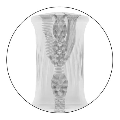 Détail des chambres nervurées du masturbateur transparent pour stimulation texturée