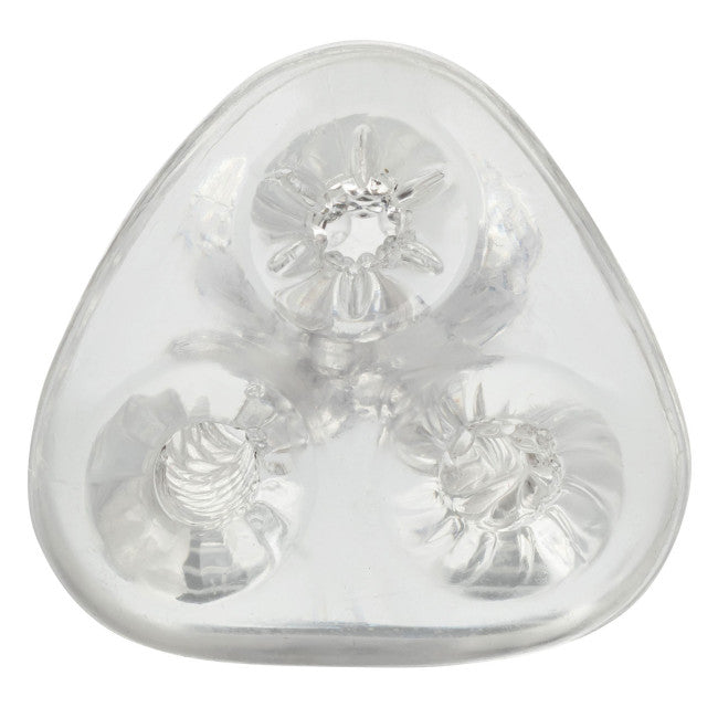 Masturbateur triple chambre transparent avec texture interne nervurée pour homme