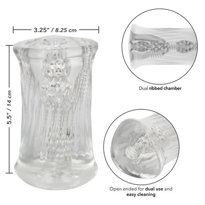 Dimensions du masturbateur triple chambre transparent 14 cm x 8,25 cm