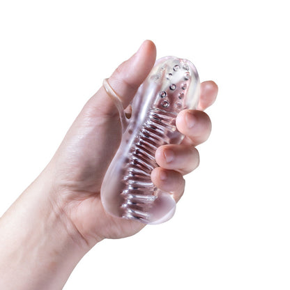 Vue de face du masturbateur transparent pour homme avec poignée en boucle pratique