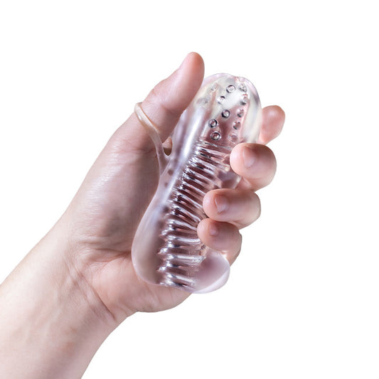 Vue de face du masturbateur transparent pour homme avec poignée en boucle pratique
