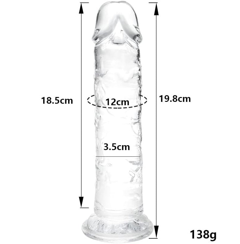 Godemichet transparent mesuré avec règle indiquant 20 cm de longueur