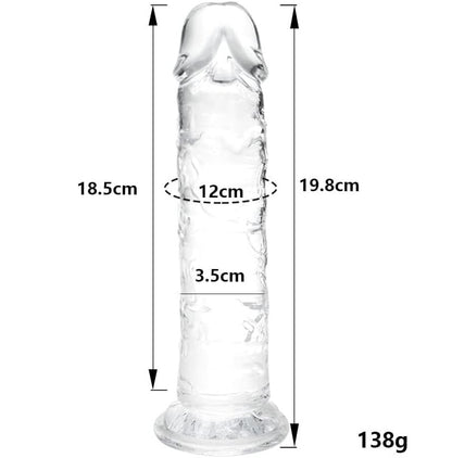 Godemichet transparent mesuré avec règle indiquant 20 cm de longueur