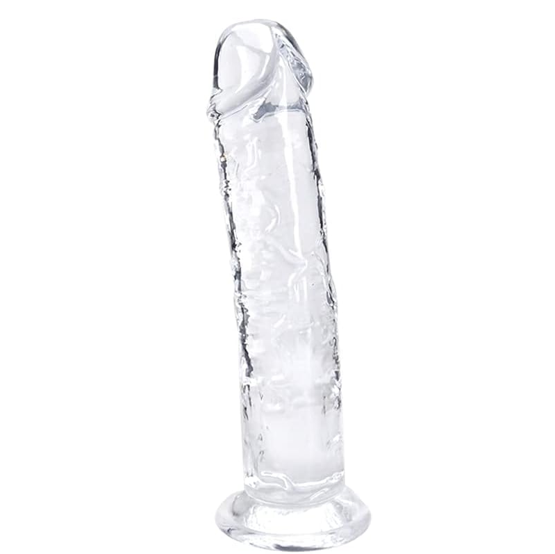 Vue de face godemichet réaliste transparent 18 cm TPE médical sur fond blanc