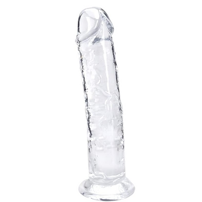 Vue de face godemichet réaliste transparent 18 cm TPE médical sur fond blanc