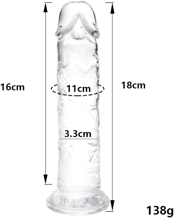 Dimensions godemichet réaliste transparent TPE : 18 cm longueur totale, 16 cm insérables