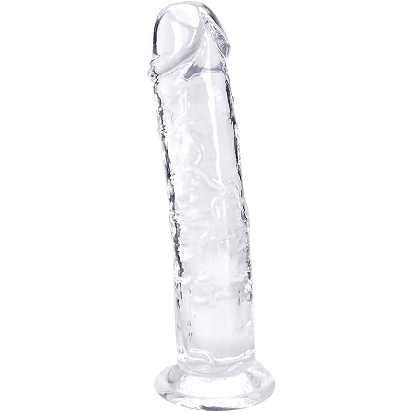 Godemichet transparent photographié de face sur fond neutre