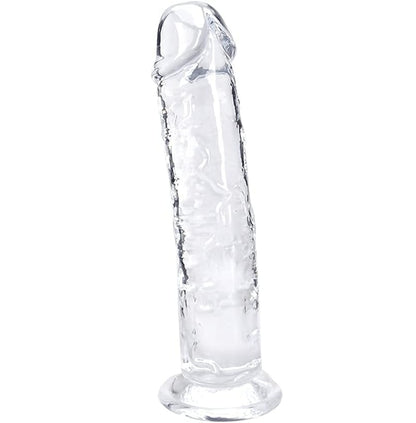 Godemichet transparent photographié de face sur fond neutre
