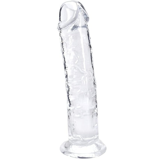 Godemichet transparent photographié de face sur fond neutre