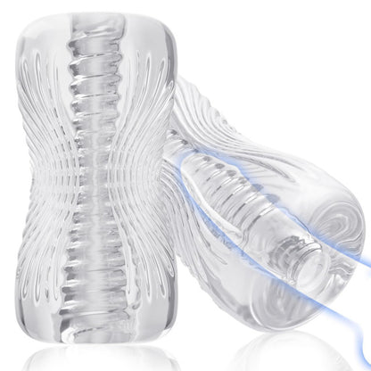 Masturbateur transparent à tunnel spirale vue de face sur fond neutre