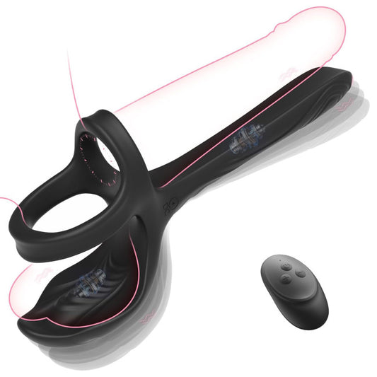 anneau pénien vibrant silicone noir avec double anneau pour pénis et testicules vue face
