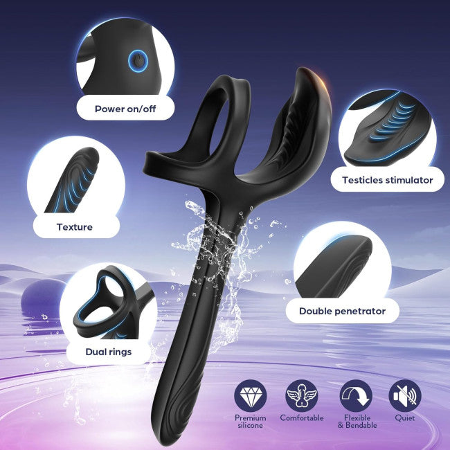cockring vibrant 3 en 1 avec bras flexible pour double pénétration vue détaillée
