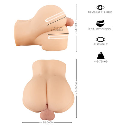 dimensions du masturbateur double fessier 31,5 cm de long 29 cm de large et 17 cm insérables