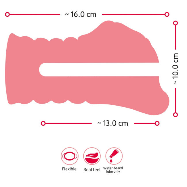 Dimensions de la vaginette réaliste en TPE doux avec longueur totale 16 cm, longueur insérable 13 cm et largeur 10 cm