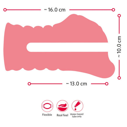 Dimensions de la vaginette réaliste en TPE doux avec longueur totale 16 cm, longueur insérable 13 cm et largeur 10 cm