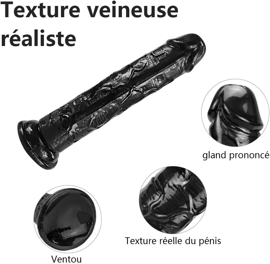Gode ventouse réaliste noir avec relief veiné pour stimulation naturelle