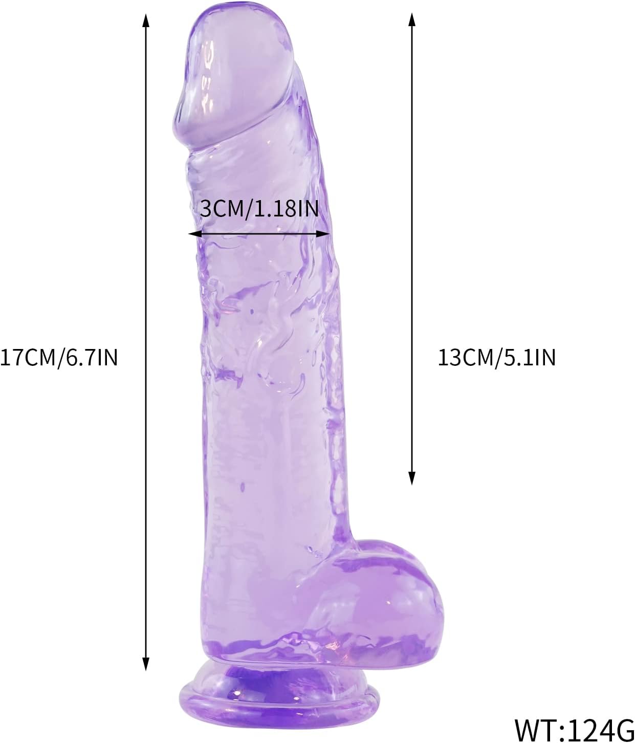 Schéma des dimensions du gode violet : 17 cm de long, 13 cm insérables, 3 cm de diamètre
