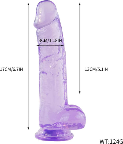 Schéma des dimensions du gode violet : 17 cm de long, 13 cm insérables, 3 cm de diamètre