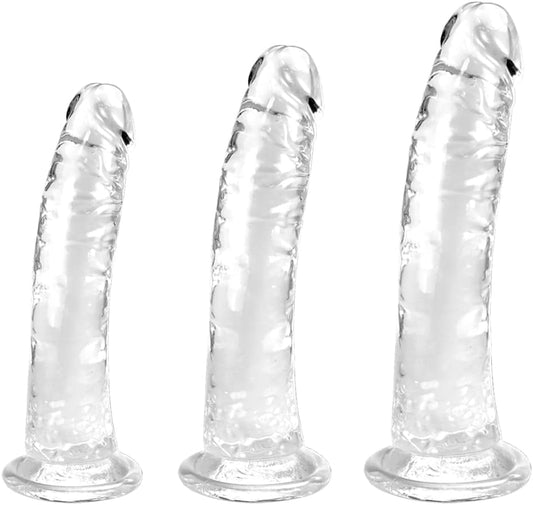 Set de 3 godes réalistes transparents présentés côte à côte vue d'ensemble