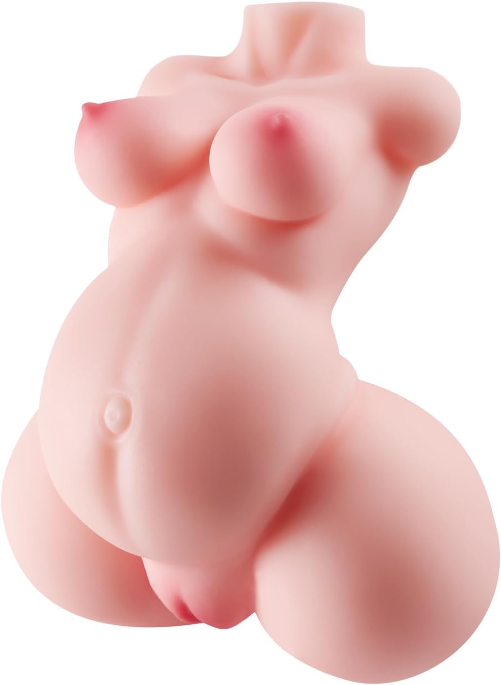 Vue de face de la poupée sexuelle enceinte au ventre galbé et courbes réalistes
