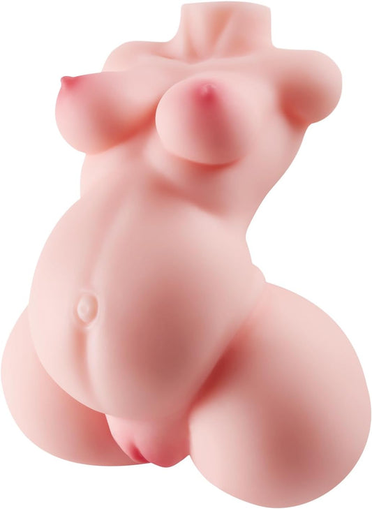 Vue de face de la poupée sexuelle enceinte au ventre galbé et courbes réalistes
