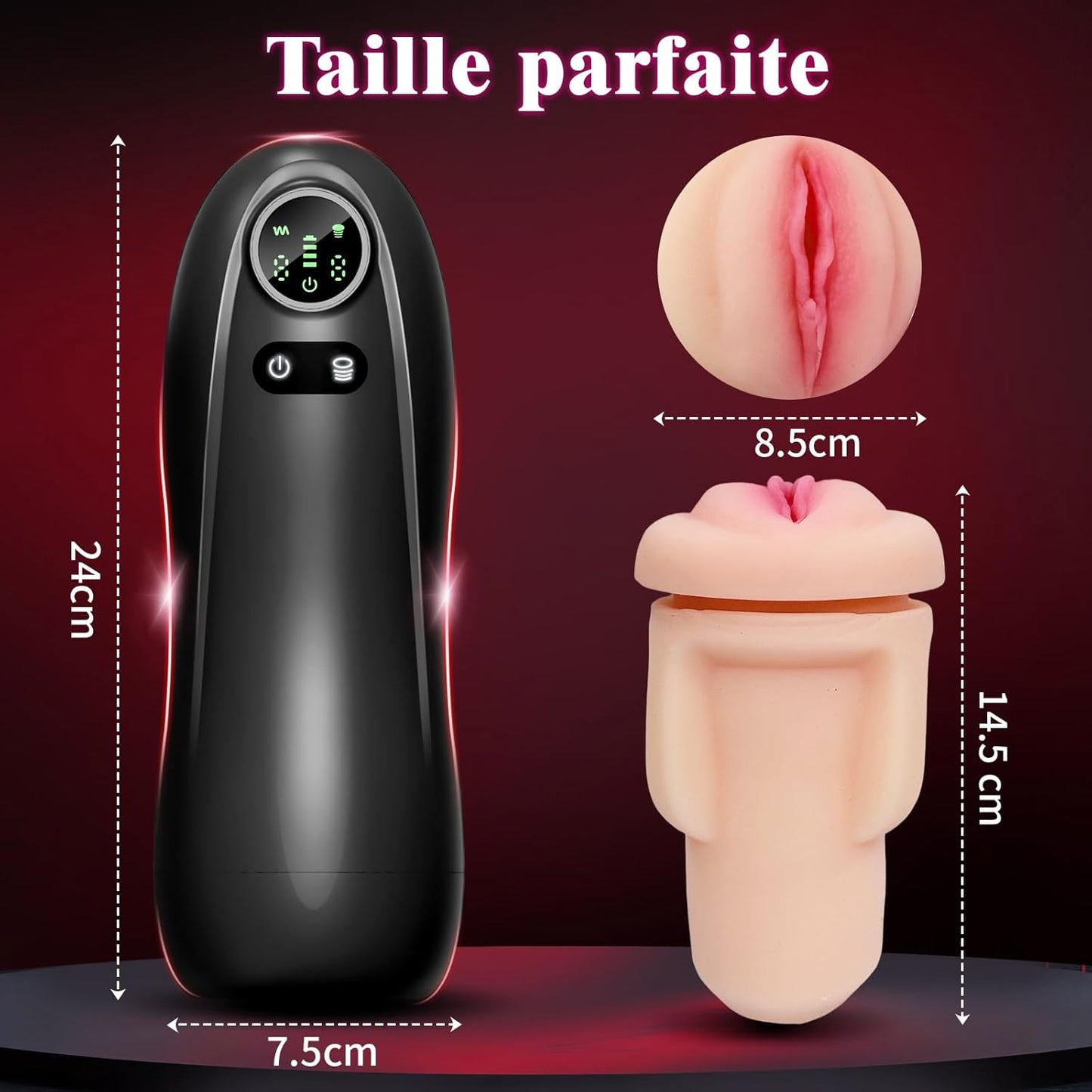 Dimensions du simulateur de fellation automatique : 8,5 cm de largeur et 14,5 cm de profondeur