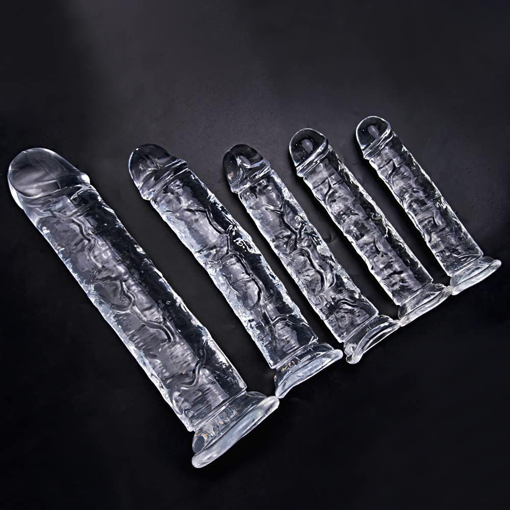 Vue de profil gode réaliste transparent à ventouse 18 cm TPE médical